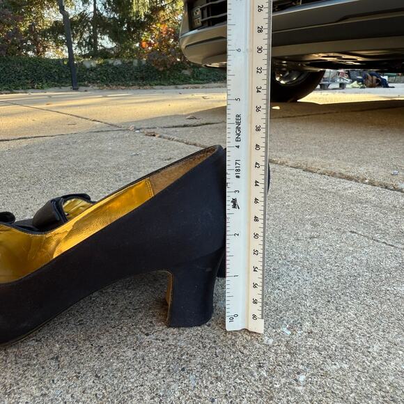 Nina Black Satin Heels with Bow - Size 7M, Gold Detail - Picture 3 of 7